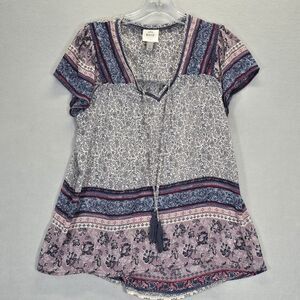 Knox Rose Top Women Blue Sheer Floral Short Sleeves Lightweight V Neck Boho Sz S